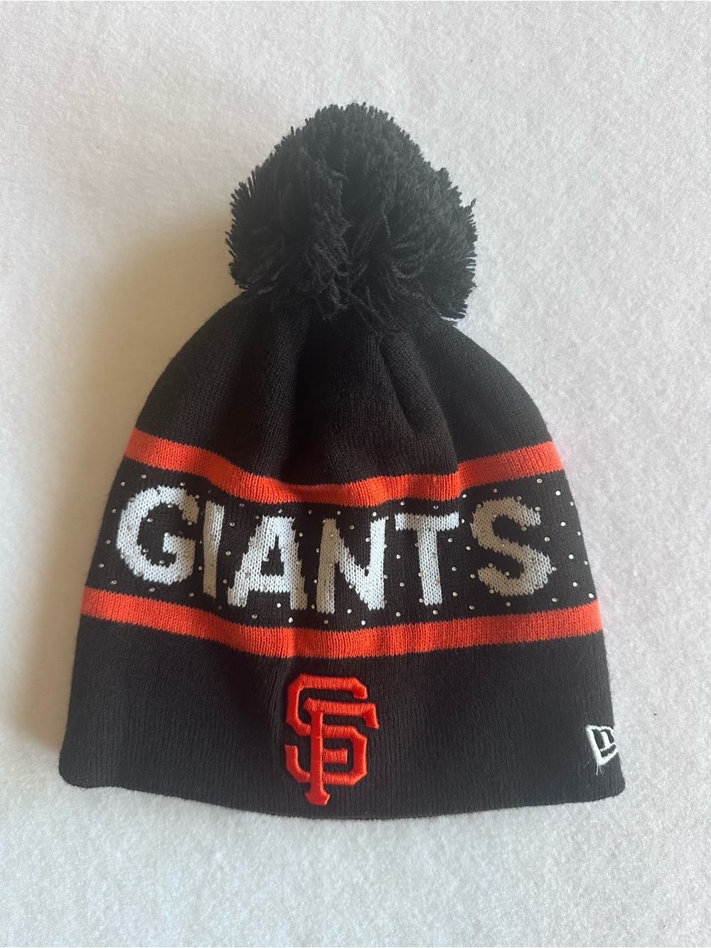 Womens San Francisco Giants Pom Beanie Black & Orange with Sequins